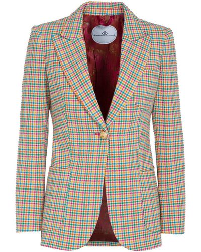 The Extreme Collection Single Breasted Multicolor Plaid Cotton Blend Blazer With Three Patch Pockets Raven - Green