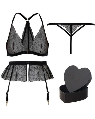 Tallulah Love Midnight Rose Gift Set: Bralette, Suspender, Thong & Heart Box - Black