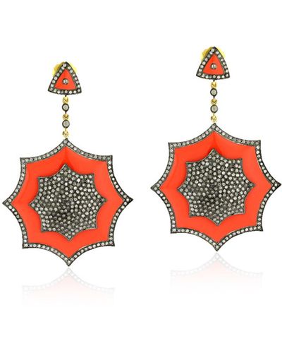 Artisan Natural Diamond With 18k Gold & Silver Enamel Designer Dangle Earrings - Red