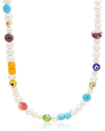 Nialaya Pearl Choker With Playful Glass Beads - Blue