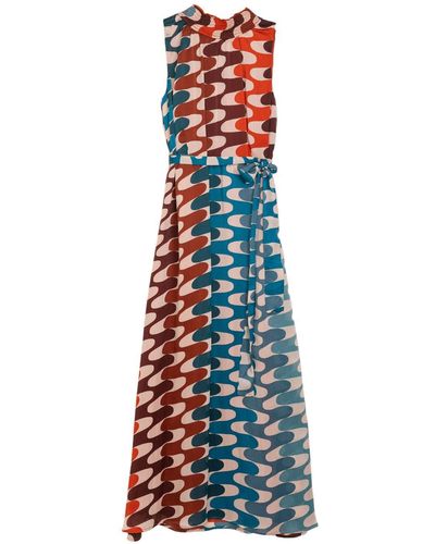 Niza Long Sleeveless Pleated Dress Multicolour - Blue
