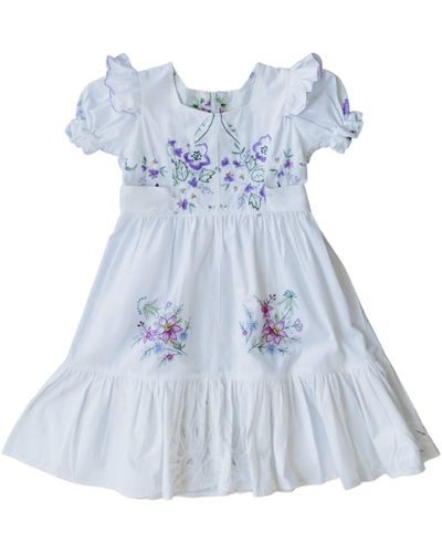 Sugar Cream Vintage Upcycled Girl's Floral Embroidered Dress With Puff Ruffle Sleeves - Blue