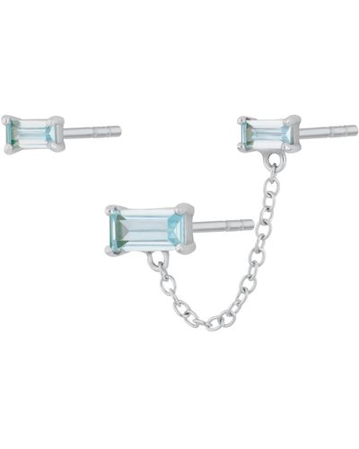 Scream Pretty Silver Aquamarine Chained Baguette Stud Earring Set - Blue