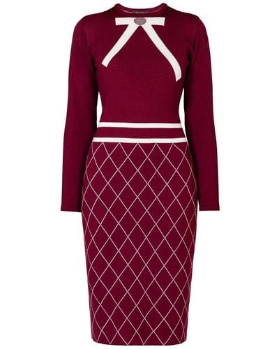 Rumour London Chloe Bow Jacquard Knitted Dress In Mulberry - Red