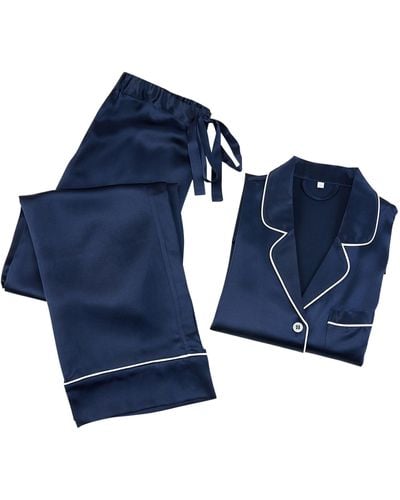 Soft Strokes Silk Pure Silk Long Sleeve Pajama Set Navy - Blue
