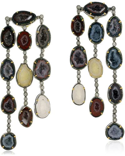 Artisan Geode Chandelier Earrings 18k Yellow Gold Silver Jewelry - Black