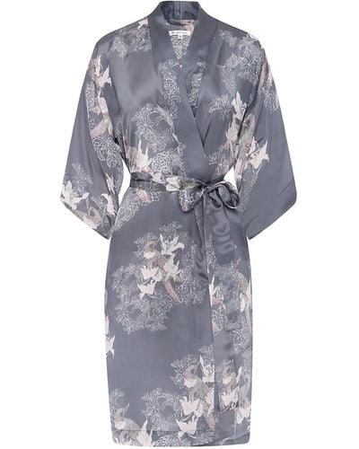 Genevie Sweet Peas Silk Kimono Robe - Blue