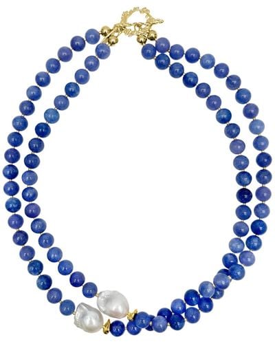 Farra Jade With Baroque Pearls Double Layers Necklace - Blue
