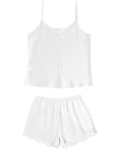 Soft Strokes Silk Pure Mulberry Silk Pearl Camisole And Scalloped Shorts Set - White