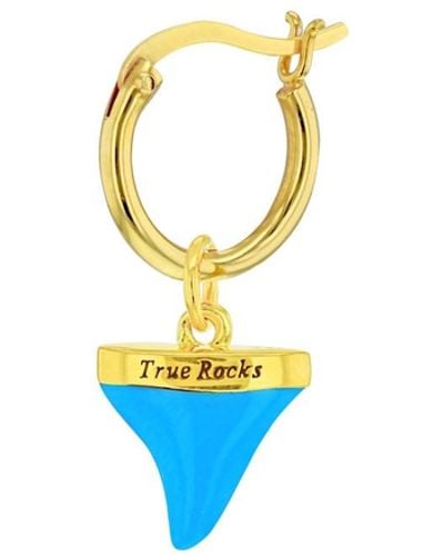 True Rocks Turquoise Enamel & Gold Plated Sharks Tooth Charm On Hoop Earrings - Blue