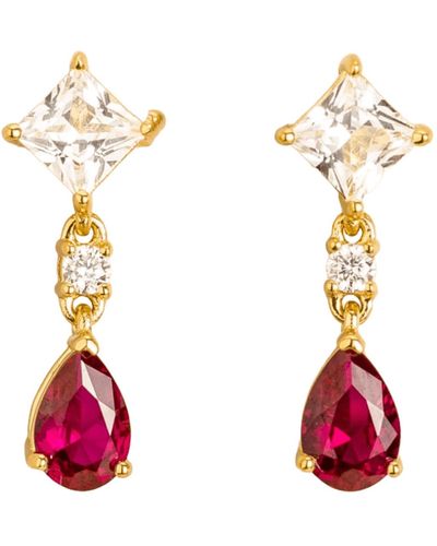 Juvetti Ori Gold Earrings Set With White Sapphire, Ruby & Diamond - Metallic