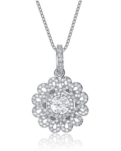 Genevive Jewelry Sterling Silver White Cubic Zirconia Flower Pendant - Metallic
