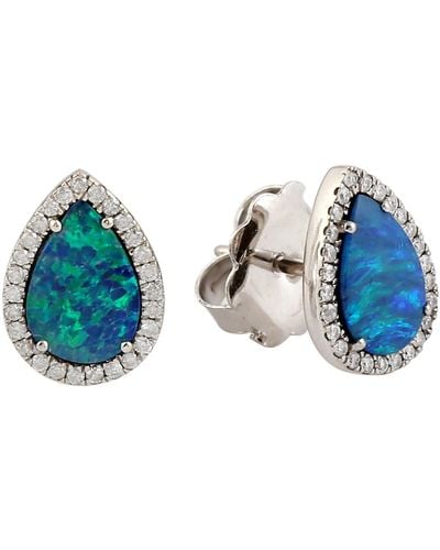 Artisan 18k White Gold Doublet Opal Doublet Pave Diamond Tear Drop Stud Earrings Handmade Jewelry - Blue