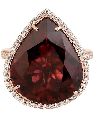 Artisan Drop Shape Tourmaline & Pave Diamond In 18k Rose Gold Classic Design Ring - Red