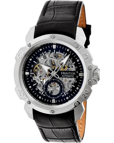 Heritor Conrad Leather-band Skeleton Watch With Seconds Sub-dial - Black
