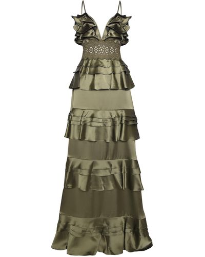 True Decadence Olive Green Satin Tiered Ruffle Maxi Dress