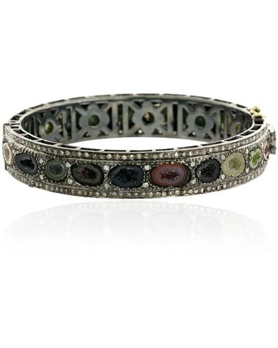 Artisan 18k Solid Gold & 925 Sterling Silver With Geode Pave Diamond Antique Bangle - Green