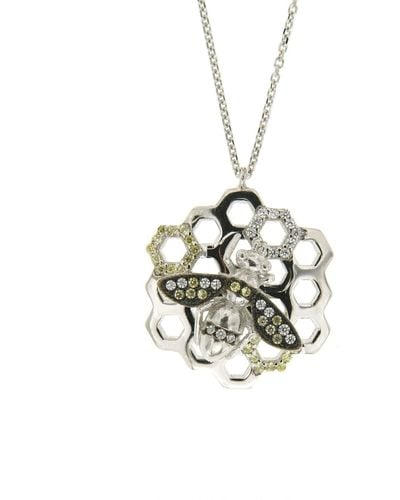 Cosanuova Rhodium Plated Sterling Silver Honeycomb Bee Cz Necklace - Metallic