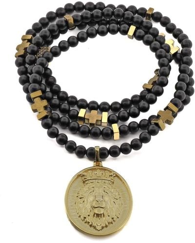 Ebru Jewelry Gold Powerful Lion Pendant Black Onyx Necklace - Metallic