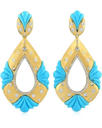 Artisan Natural Turquoise Dangle Earrings 18k Yellow Gold Jewelry - Blue