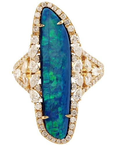 Artisan Natural Diamond Opal Doublet Cocktail Ring 18k Yellow Gold Handmade Jewellery - Blue