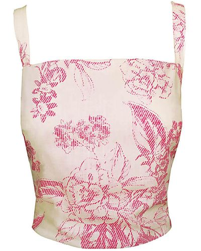 Haris Cotton Printed Linen Blend Crop Top With Straps - Pink