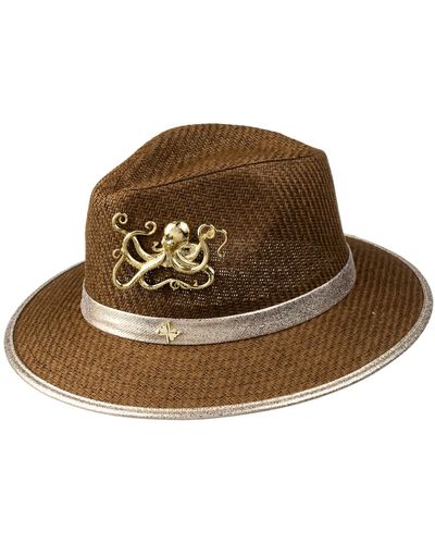 Laines London Straw Woven Hat With Gold Metal Octopus Brooch - Brown