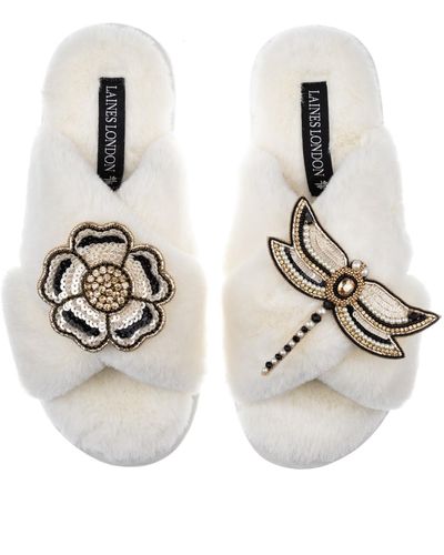 Laines London Classic Laines Slippers With Dragonfly & Flower Brooches - Metallic