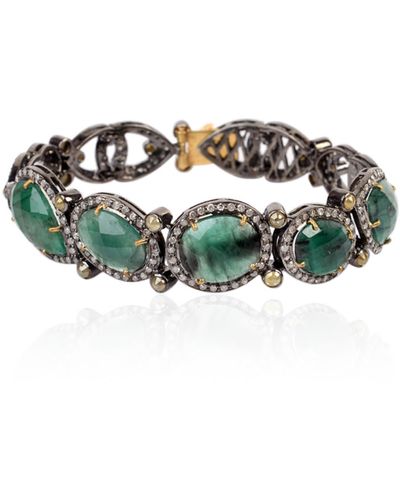 Artisan Natural Ice Diamond & Emerald Designer Bangle Bracelet In 18k Gold With Silver - Green