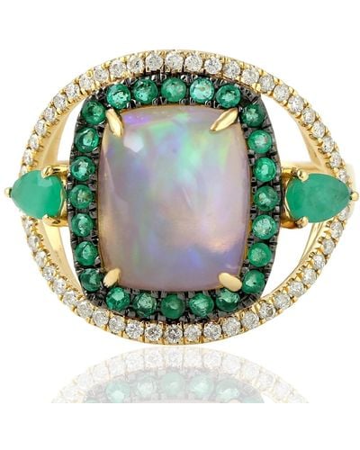 Artisan 18kt Yellow Gold Pave Diamond Natural Emerald Opal Ethiopian Ring - Green