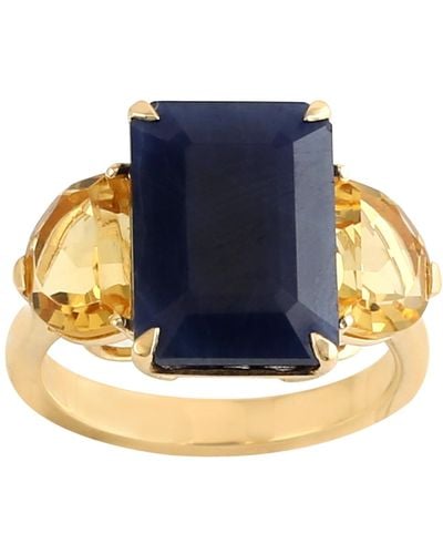 Artisan 18k Yellow Gold Gemstone Sapphire & Citrine Cocktail Three Stone Ring - Blue