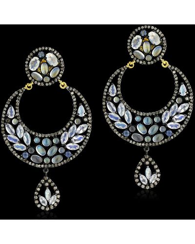 Artisan Marquise Shape Moonstone Vintage Style Dangle Earrings Diamond 14k Gold Silver - Black