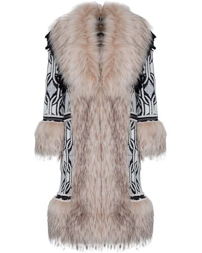 The Extreme Collection Alpaca Merino Wool Longline Coat With Vegan Fur Details Agata - Brown