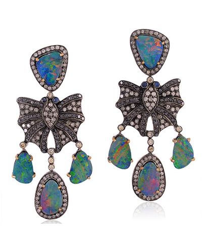 Artisan Natural Sapphire Chandelier Earrings 925 Sterling Silver 18k Yellow Gold Jewelry - Blue