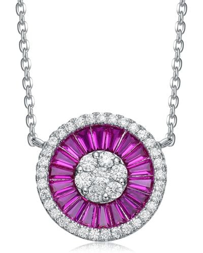 Genevive Jewelry Sterling Silver With Rhodium Plated & Cubic Zirconia Round Pendant Necklace - Purple