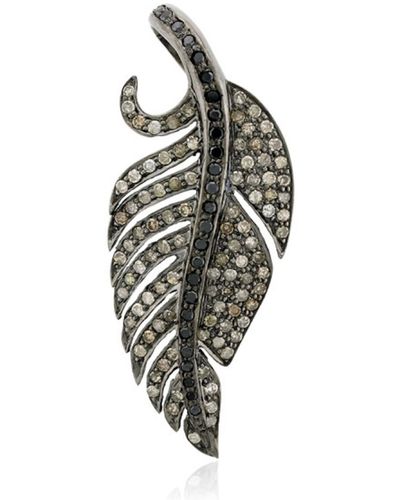 Artisan Natural Pave Diamond 18k Gold Feather Pendant 925 Sterling Silver Jewelry - Metallic