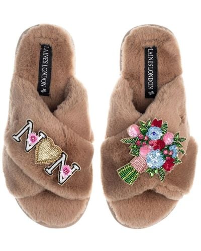 Laines London Classic Laines Mother's Day Slippers With Floral Bouquet & Nan Brooches - Brown
