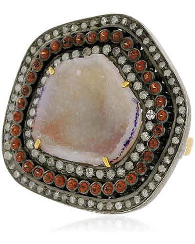 Artisan Red Garnet & Geode Pave Diamond In 18k Solid Silver Antique Cocktail Ring - Green