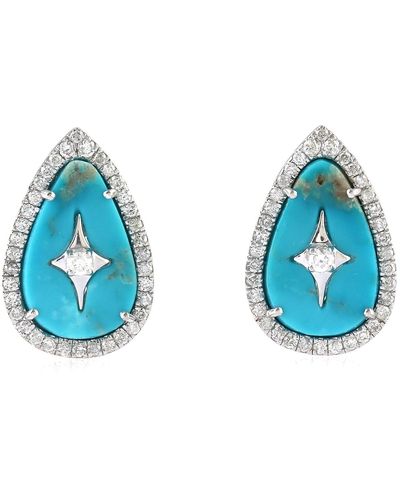 Artisan Natural Turquoise Stud Earrings 18k White Gold Diamond Jewelry - Blue