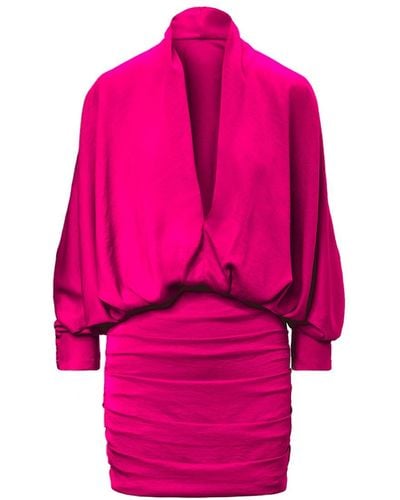 BLUZAT Fuchsia Mini Dress With Draping Detailing And Wide Sleeves - Pink