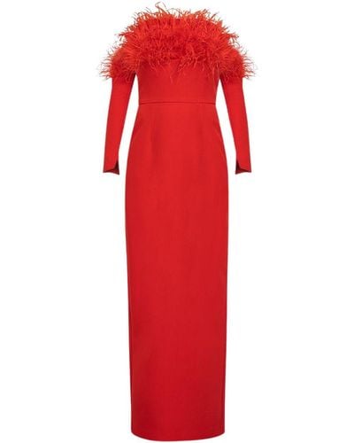 Cliché Reborn Bandeau Feather Trim Maxi Dress With Detachable Sleeves - Red
