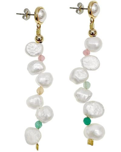 Farra Flower Petal Freshwater Pearls With Colorful Stones Earrings - White