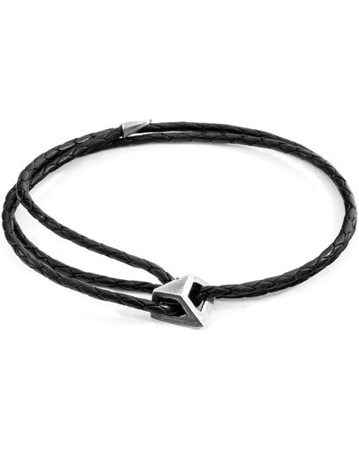 Anchor and Crew Midnight Arthur Silver & Braided Leather Skinny Bracelet - Black