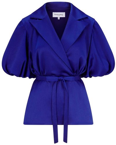 Femponiq Draped Puff Sleeve Belted Blouse - Blue