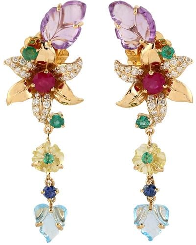 Artisan Carving Multi Gemstone 18k Gold Natural Diamond Beautiful Flower Dangle Earrings - Multicolor
