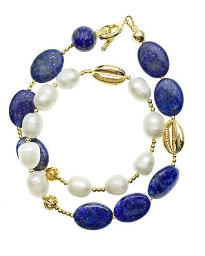 Farra Natural Lapis With Freshwater Pearls Double Wrapped Bracelet - Blue