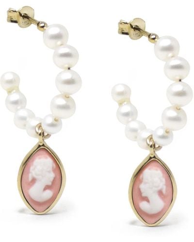 Vintouch Italy April Gold-plated Pearl And Pink Cameo Hoop Earrings - Multicolor