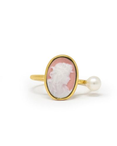 Vintouch Italy Gold-plated Pink Mini Cameo Ring With A Pearl - Metallic