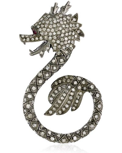 Artisan 18k Gold & 925 Silver With Ruby And Pave Diamond Dragon Design Pendant - Metallic