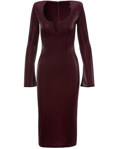 BLUZAT Burgundy Bodycon Midi Dress With V Neck Detail And Structured Shoulders